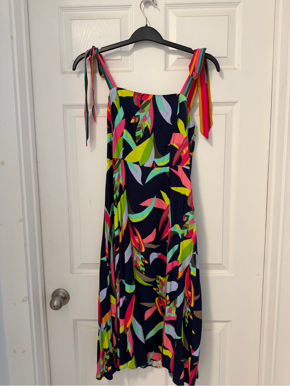 Trina Turk Navy Vibrant Multicolor Tie-Shoulder Summer Dress